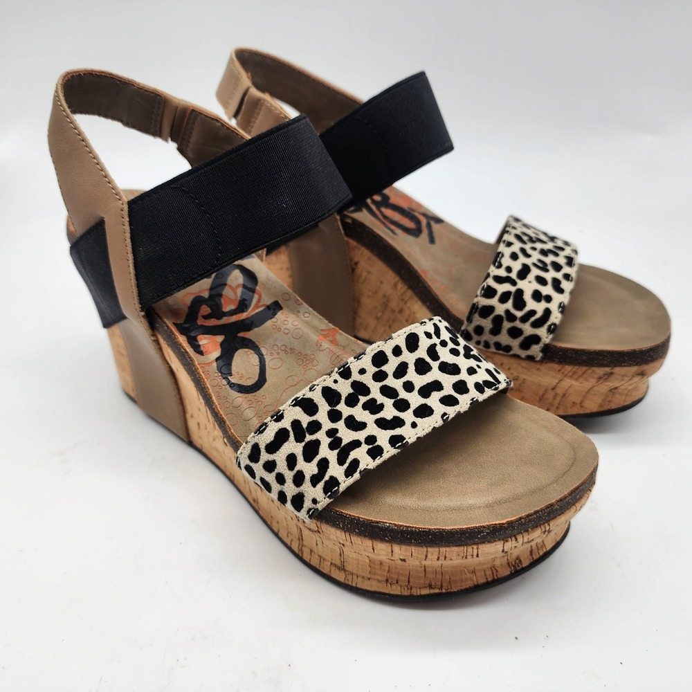 OTBT Bushnell Platform Wedge Sandals Women's 7M Leopard Print Black Tan Cork